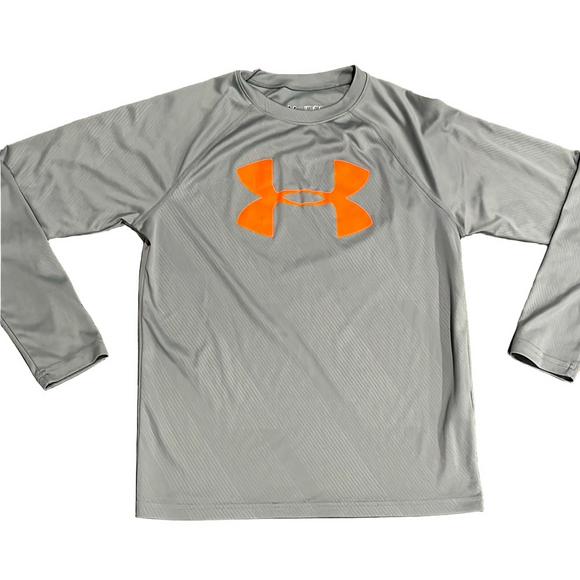 Under Armour Boy’s Long Sleeve Shirt - Gray with Orange Logo - M - Picture 1 of 5